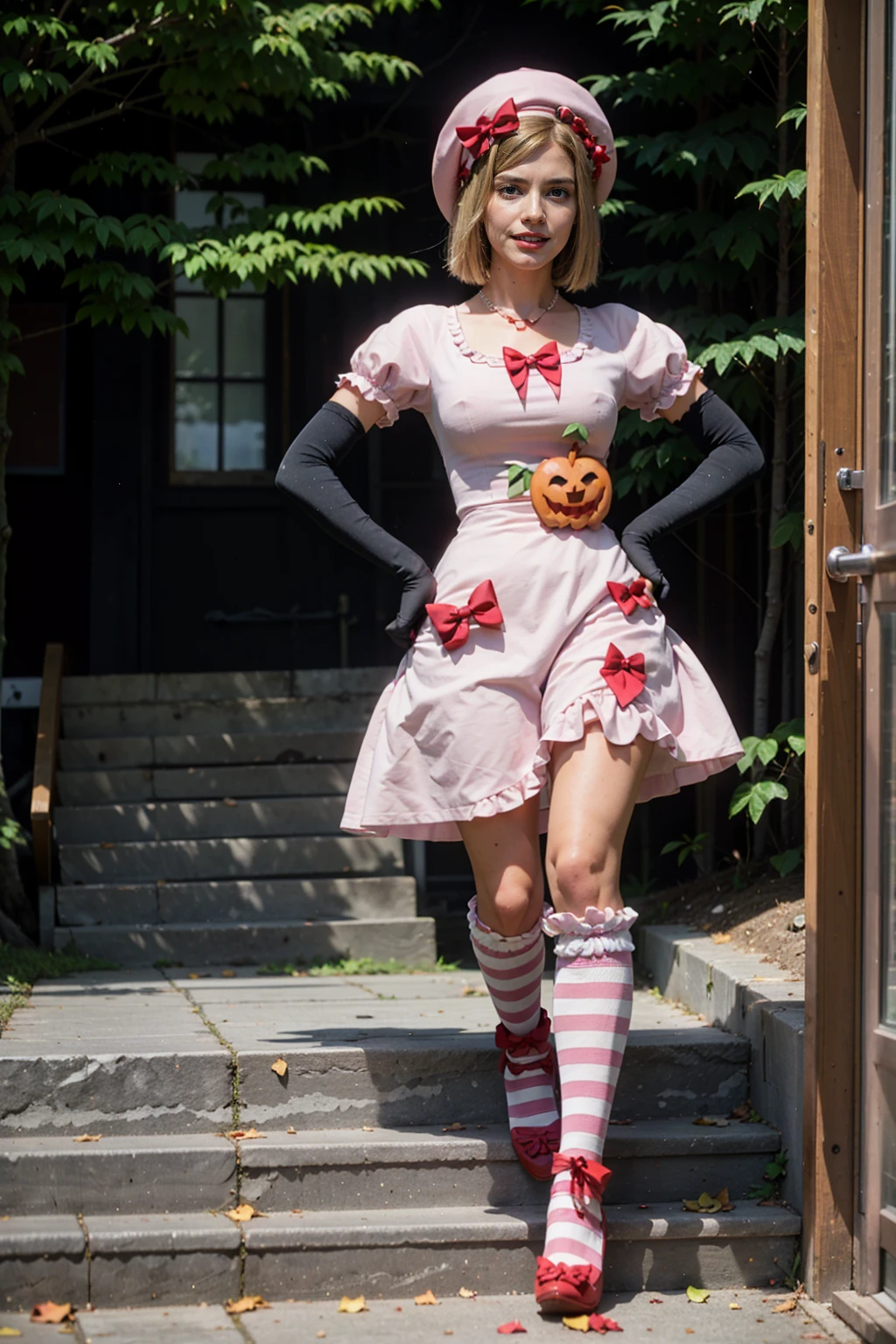 (masterpiece),(best quality), 16k CGI render ((photography)), lambdadelta, dress, shoes bow, red shoes, striped stockings, red bow, pink hat, pumpkin brooch, necklace, gloves, pearl, walking, smile, stairs, temple, mountain, forest, looking at the viewer, close up, pretty face, gorgeous, nice legs