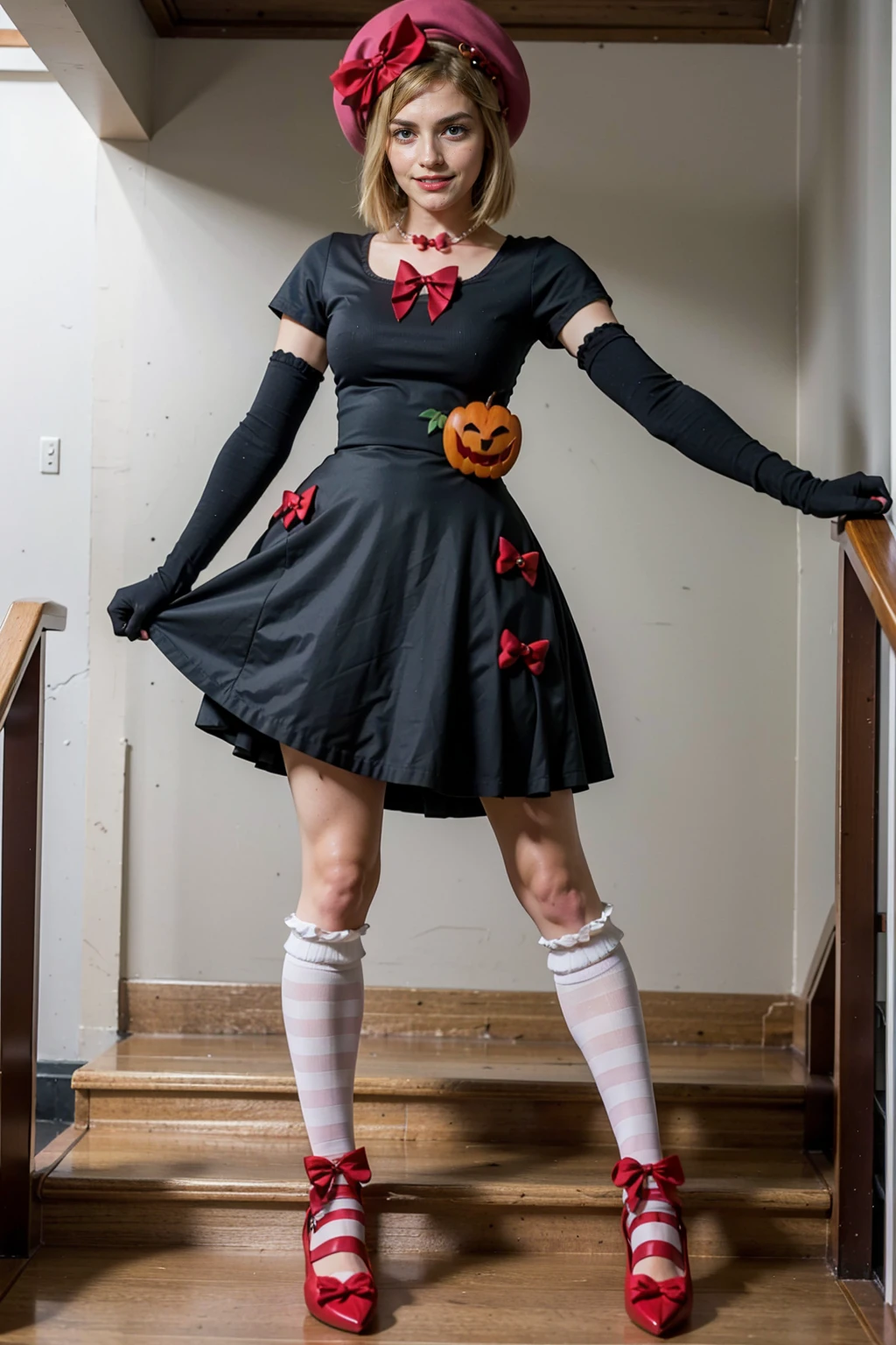 (masterpiece),(best quality), 16k CGI render ((photography)), lambdadelta, dress, shoes bow, red shoes, striped stockings, red bow, pink hat, pumpkin brooch, necklace, gloves, pearl, walking, smile, stairs, temple, mountain, forest, looking at the viewer, close up, pretty face, gorgeous, nice legs