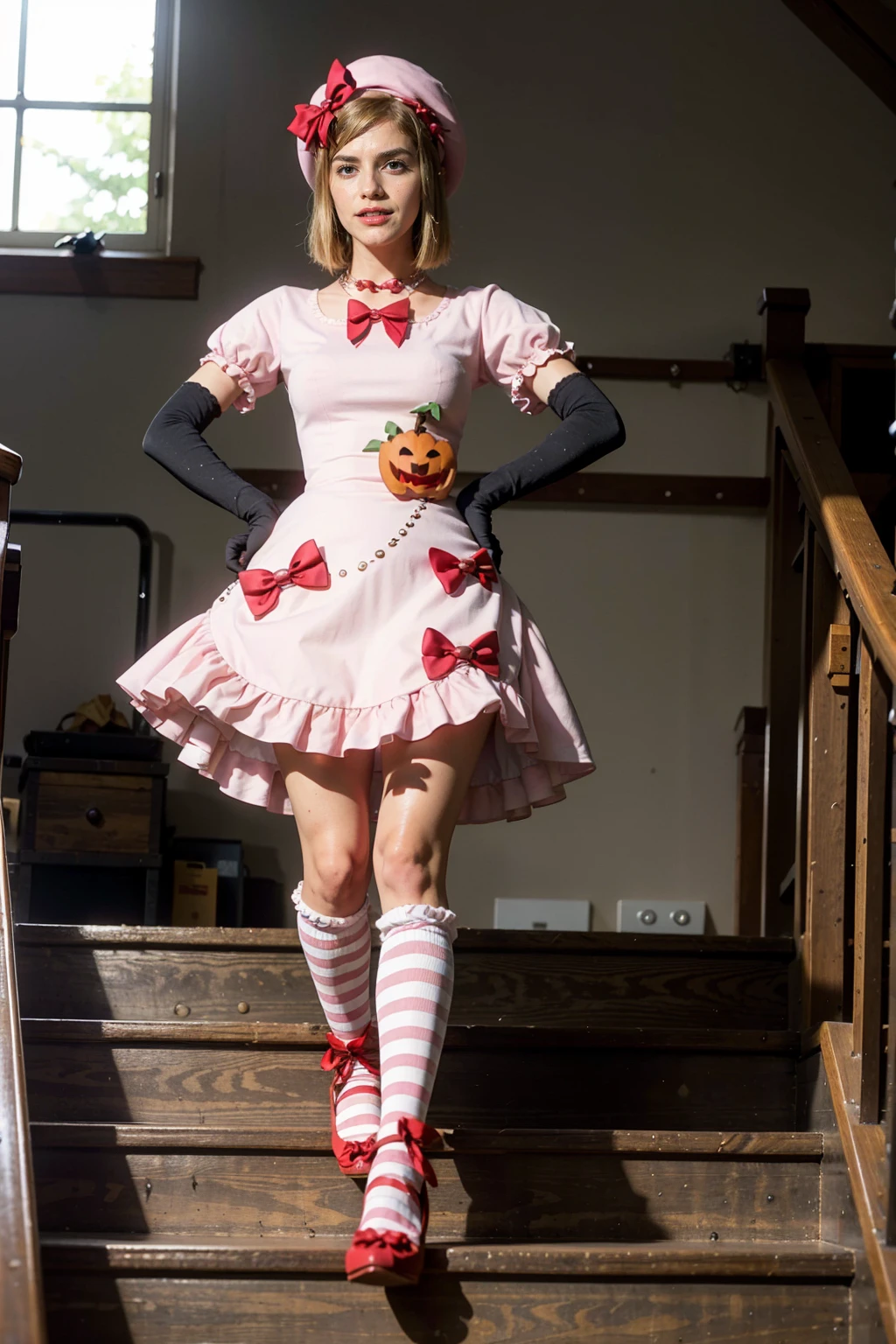 (masterpiece),(best quality), 16k CGI render ((photography)), lambdadelta, dress, shoes bow, red shoes, striped stockings, red bow, pink hat, pumpkin brooch, necklace, gloves, pearl, walking, smile, stairs, temple, mountain, forest, looking at the viewer, close up, pretty face, gorgeous, nice legs