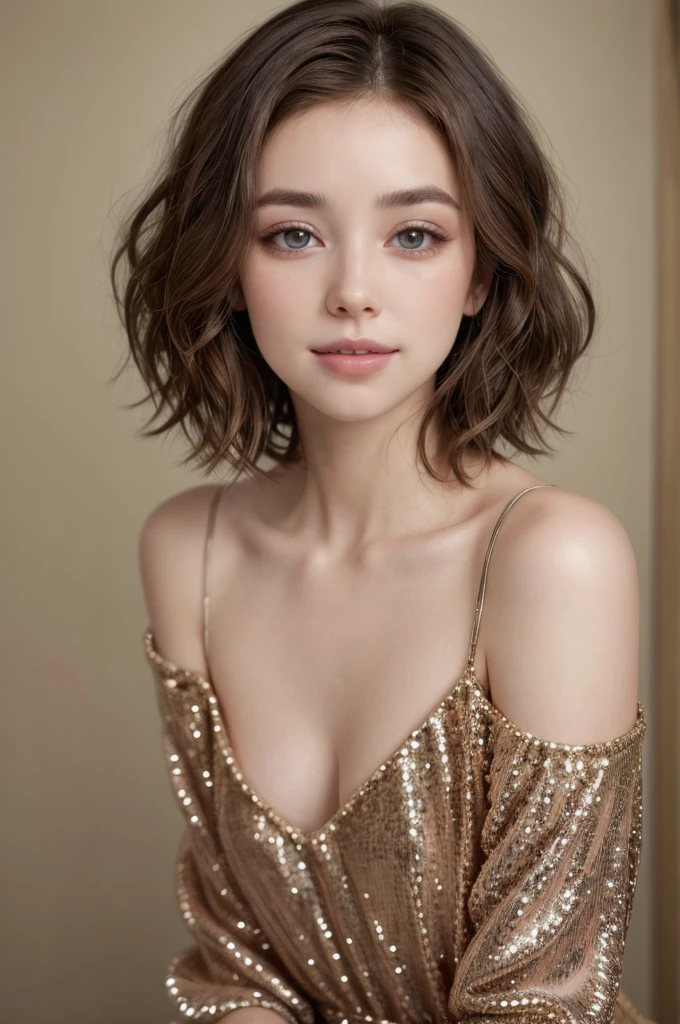 labios ligeramente abiertos, sonrisa ligera, a woman with a short haircut wearing a sequinned dress, portrait sophie mudd, gorgeous young model, gorgeous kacey rohl, portrait of a beautiful model, soft portrait shot 8 k, 7 0 mm portrait, soft and intricate, inspired by Elizabeth Polunin, short brown hair and large eyes, with short hair, editorial portrait, wavy shoulder-length hair