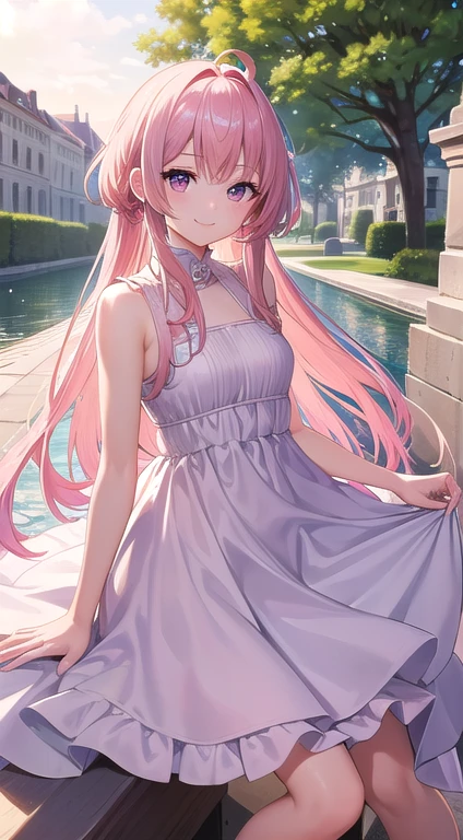 最high quality,very detailed,high quality,Extremely detailed,masterpiece,Super fine,ultra high resolution,超high quality,super delicate face,super realistic,(1 person:1.2)、woman、(Mature:1.5)、pink hair color、(pink eyes)、small breasts 、slender body、Ahoge、look at the camera、(smile 1.5)、, party dress