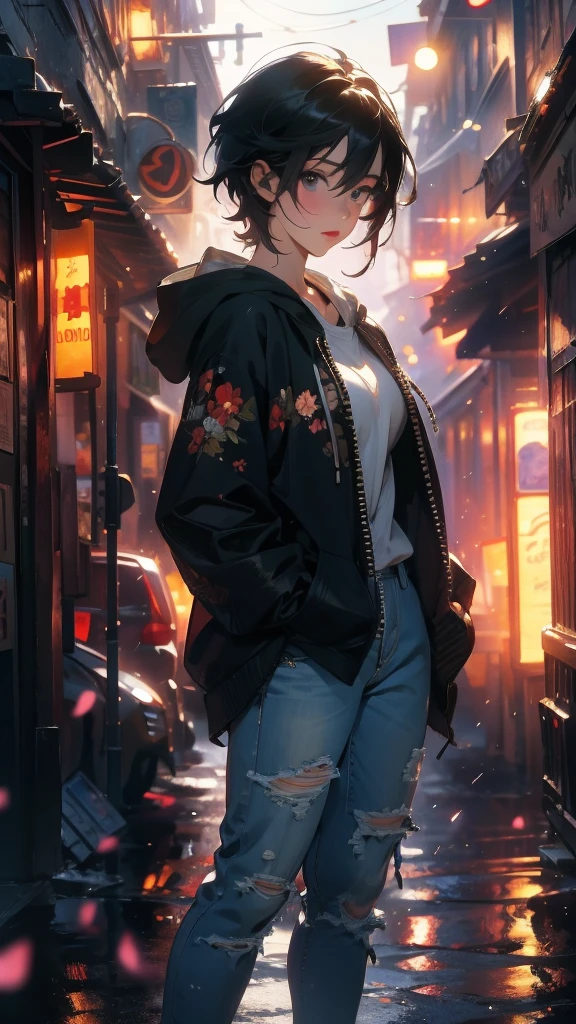 (Highly detailed CG unit 8k wallpaper, masterpiece, High resolution, highest quality, natural skin texture), Composition from head to stomach:1.5, (20 year old woman, Hands in pockets pose:1.3, smile, detailed eyes, gradient eyes), (Stalgic Fashion, detailed costume, fine embroidery, Hoodie Oversized Long Denim Jacket, Asymmetrical short hair:1.2), (Backstreets of Paris:1.3, Colourful flower beds along the road, cinematic lighting), high contrast, hyper realistic, digital painting, concept art,