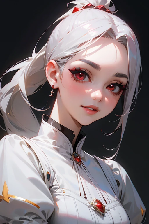 (highest quality, masterpiece:1.2), High resolution, Super detailed, realistic:1.37, fantasy, An illustration,gray hair、 red eyes、Queen, white dress.platinum decoration、beautifully、Eyeshadow Red、dark eyebrows、long eyelashes、pupils are black、shiny on the lips、upper site、Queen、Princess、ponytail、gentle smile、Show your teeth a little and smile、soft expression、