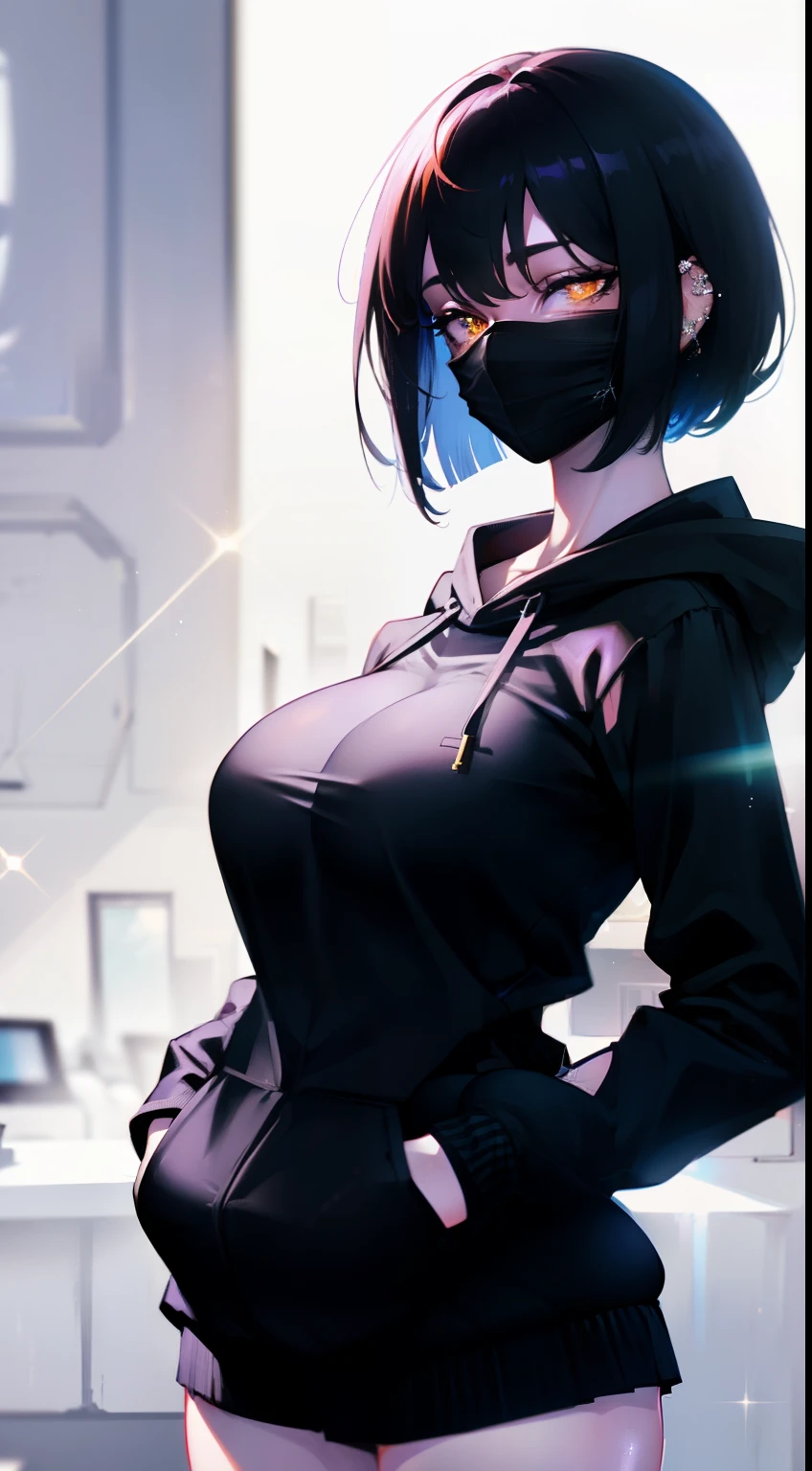 Cinematic lighting、(key light:Front diagonal 45 degrees, fill light、Backlight、shadow、blue and orange color palette), accurate human body、detailed person、Correct five-finger、RAW photo、 4K - ultra-vivid、highest quality, masterpiece, ultra high resolution, (reality: 1.4),
(((oil skin,sparkling skin、realistic skin texture、detailed beautiful skin、shiny skin、shiny skin)))、
upper body shot, camera angle is low, Depth of the bounds written, Focus on the center, fine eyes, perfect face and eyes、
At the amusement arcade, game console, game machine,
girl, short bob black hair, early teen, black Hoodie with pockets, plaid miniskirt, purple collar, black face mask, piercing,
big breasts, slender, standing , naughty,
zettai ryouiki, absurd resolution, absurd detailed, best quality, (((big breasts)))