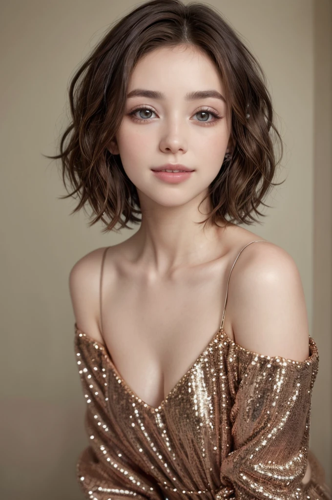 labios ligeramente abiertos, sonrisa ligera, a woman with a short haircut wearing a sequinned dress, portrait sophie mudd, gorgeous young model, gorgeous kacey rohl, portrait of a beautiful model, soft portrait shot 8 k, 7 0 mm portrait, soft and intricate, inspired by Elizabeth Polunin, short brown hair and large eyes, with short hair, editorial portrait, wavy shoulder-length hair