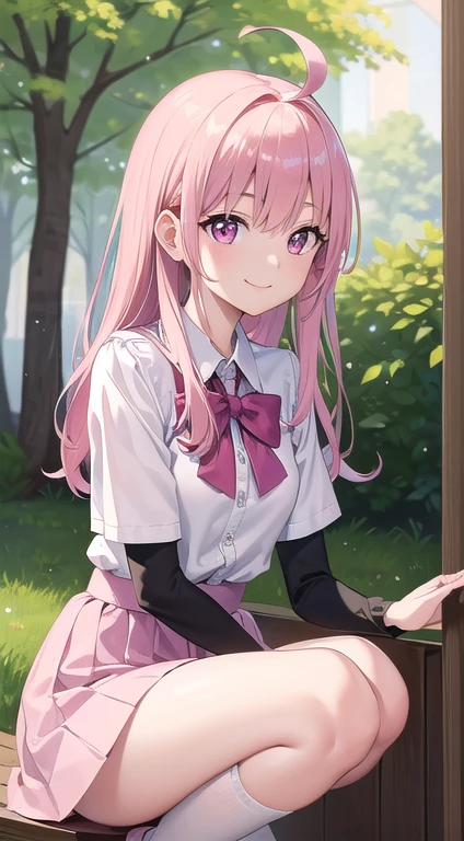 最high quality,very detailed,high quality,Extremely detailed,masterpiece,Super fine,ultra high resolution,超high quality,super delicate face,super realistic,(1 person:1.2)、woman、(Mature:1.5)、pink hair color、(pink eyes)、small breasts 、slender body、Ahoge、(Smile:1.3)、school knee high socks
