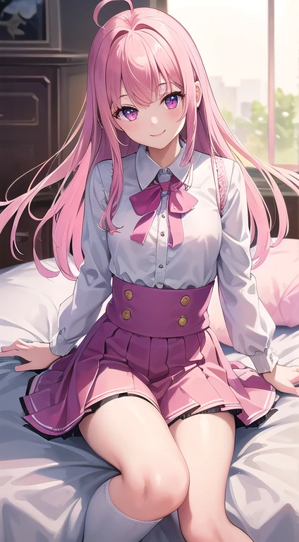 8K、masterpiece、hight resolution、absurderes、Natural Volumetric Lighting And Best Shadows、Deep Depth Of Field、foco nítido、soft delicate beautiful attractive face、Cute girl anime appearance、Twin-tailed、Smiling smile:1.3、Large breasts、(Pink ruffled blouse、a black ribbon)、Black ruffled skirt、knee high socks、Pretty girl's pink bedroom、plushies