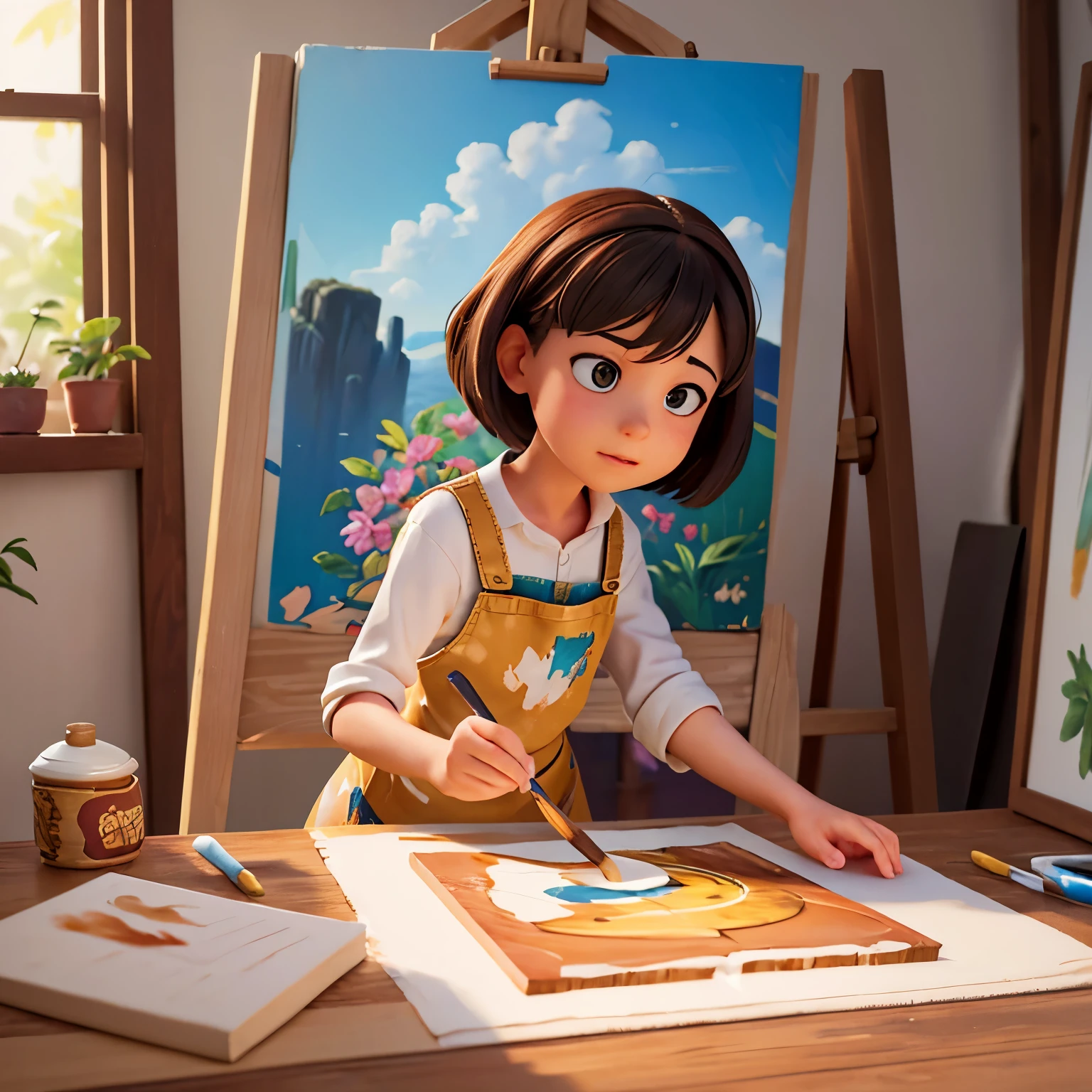 beautifully painted scene, vibrant colors, meticulously detailed brushwork, elaborate textures, rich and vibrant hues, masterful composition, stunningly realistic, the smell of oil paint, a palette knife, a beautifully decorated studio, a paint-splattered apron, natural sunlight streaming in, an easel holding a work in progress, the artist's steady hand, a sense of tranquility, the anticipation of creating something extraordinary, a blank canvas eager to be transformed, a timeless piece of art coming to life, the artist's passion and dedication shining through, the strokes of a brush capturing emotions and stories, the magic of art unfolding