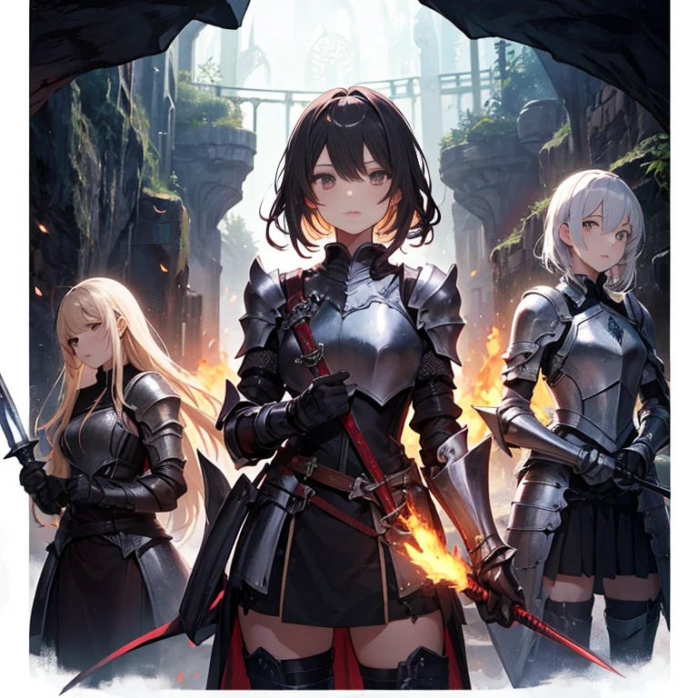 A group of  female knights, (in dark cave), various hair styles, harem, wearing armored clothes, metal armor, night, details face, short skirt, seducing, sword, sleeveless, torch