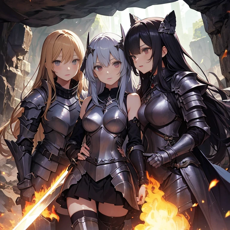 A group of female knights, (in dark cave), various hair styles, harem, wearing armored clothes, metal armor, night, details face, short skirt, seducing, sword, sleeveless, torch