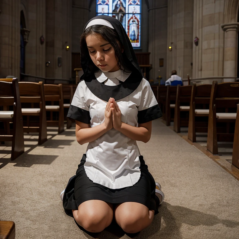 12 year old dressed in very short nun outfit kneeling praying in church