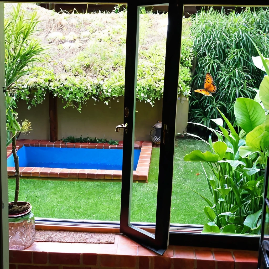 View from inside window kitchen.. there is a nymph who play water backyard