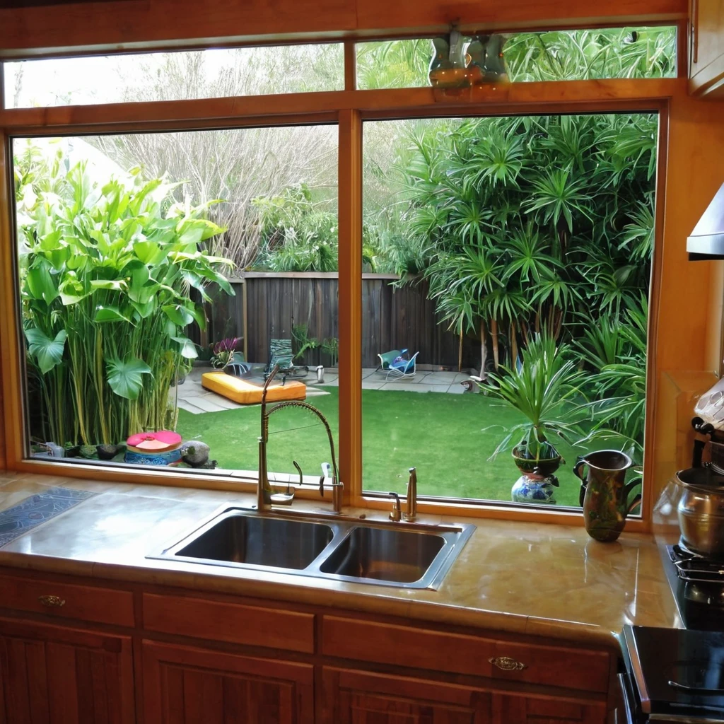 View from inside window kitchen.. there is a nymph who play water backyard
