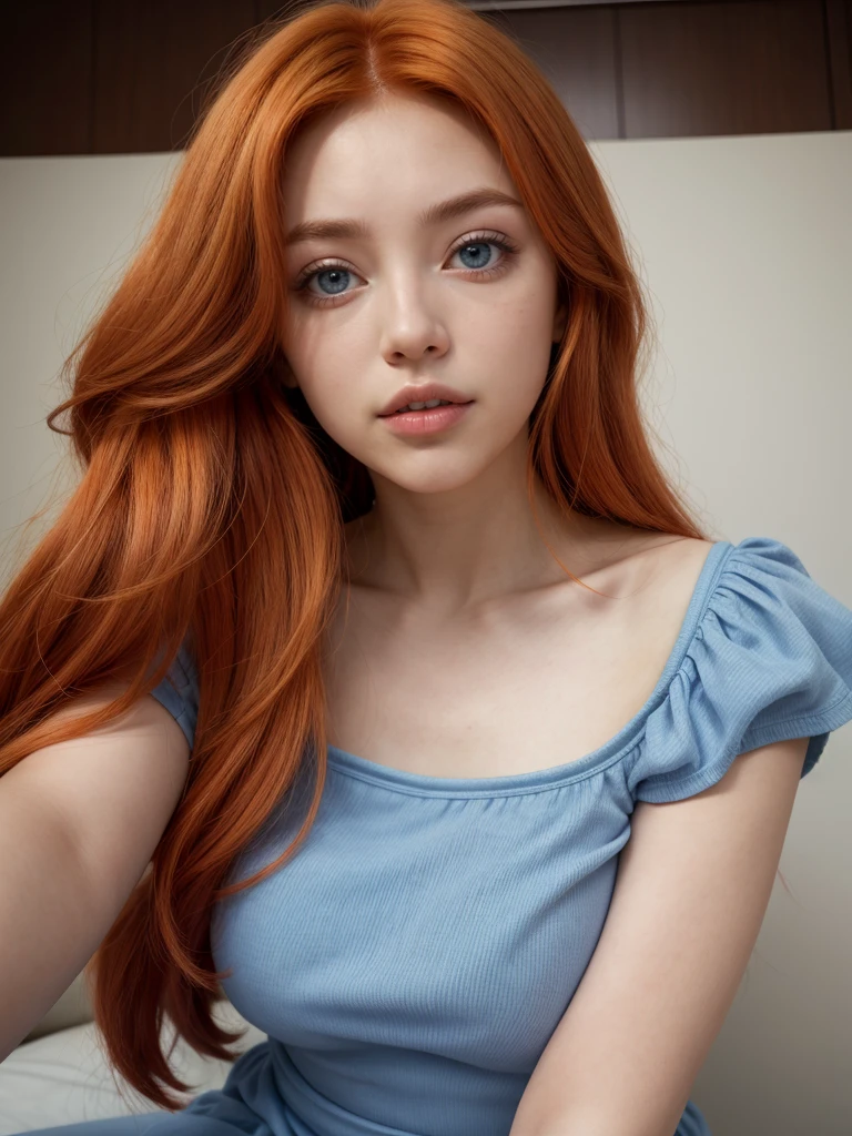 mujer encantadora en vestido azul posando para uma foto, escote abierto, usando vestido azul, usando um vestido azul, vestido azul, em vestido azul, vestido justo, vestido tubo-top, foto do perfil, roupa azul, foto do perfil, Vestido em azul, um vestido azul, em um vestido, vestido skintight, com pele azul, imagem de perfil, wearing a plastic blue dress, labios aventando un beso, besando el aire, a close up of a woman with red hair wearing a white bikini, young beautiful, she has long redorange hair, orange skin and long fiery hair, orange glowing hair, she has long orange brown hair, big breasts