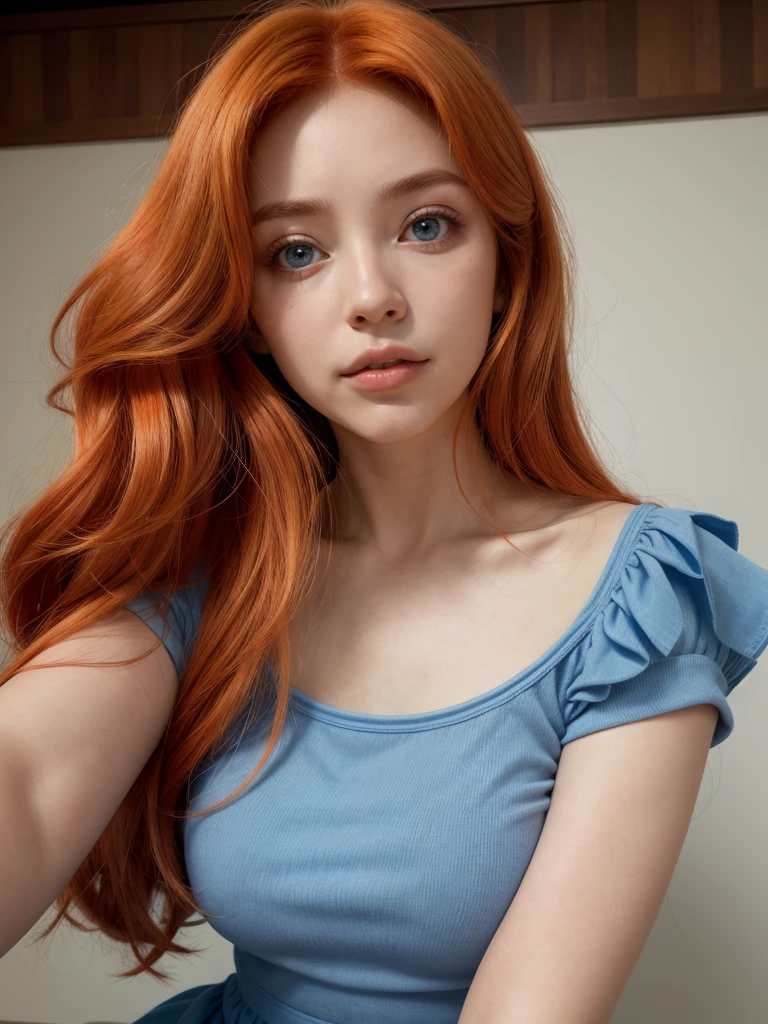 mujer encantadora en vestido azul posando para uma foto, escote abierto, usando vestido azul, usando um vestido azul, vestido azul, em vestido azul, vestido justo, vestido tubo-top, foto do perfil, roupa azul, foto do perfil, Vestido em azul, um vestido azul, em um vestido, vestido skintight, com pele azul, imagem de perfil, wearing a plastic blue dress, labios aventando un beso, besando el aire, a close up of a woman with red hair wearing a white bikini, young beautiful, she has long redorange hair, orange skin and long fiery hair, orange glowing hair, she has long orange brown hair, big breasts