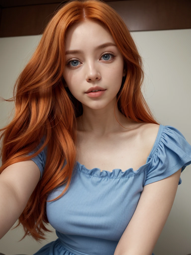 mujer encantadora en vestido azul posando para uma foto, escote abierto, usando vestido azul, usando um vestido azul, vestido azul, em vestido azul, vestido justo, vestido tubo-top, foto do perfil, roupa azul, foto do perfil, Vestido em azul, um vestido azul, em um vestido, vestido skintight, com pele azul, imagem de perfil, wearing a plastic blue dress, labios aventando un beso, besando el aire, a close up of a woman with red hair wearing a white bikini, young beautiful, she has long redorange hair, orange skin and long fiery hair, orange glowing hair, she has long orange brown hair, big breasts