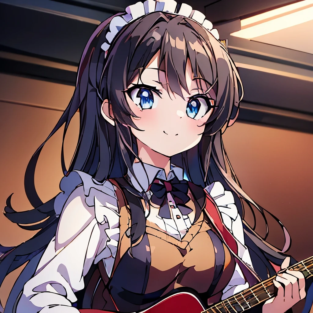 ((masterpiece)), ((best quality)), (ultra-detailed), anime style, Live performance venue, a cute girl, 1girl, solo, playing the guitar00, maid00, ((beautiful eyes))0, smile