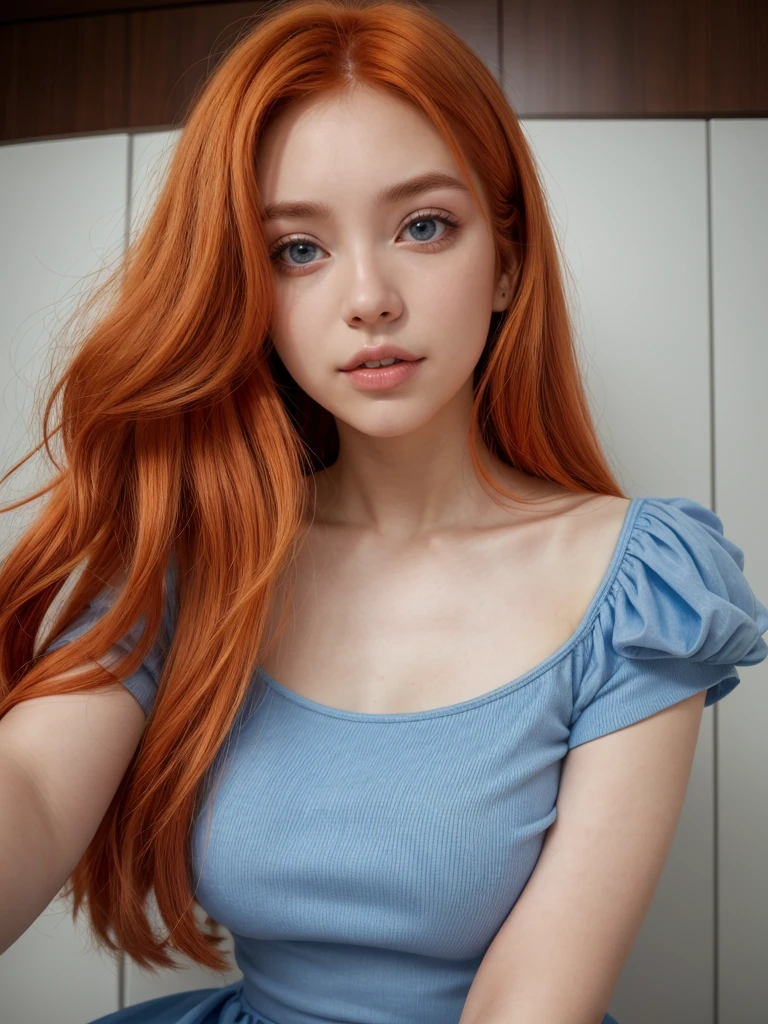 mujer encantadora en vestido azul posando para uma foto, escote abierto, usando vestido azul, usando um vestido azul, vestido azul, em vestido azul, vestido justo, vestido tubo-top, foto do perfil, roupa azul, foto do perfil, Vestido em azul, um vestido azul, em um vestido, vestido skintight, com pele azul, imagem de perfil, wearing a plastic blue dress, labios aventando un beso, besando el aire, a close up of a woman with red hair wearing a white bikini, young beautiful, she has long redorange hair, orange skin and long fiery hair, orange glowing hair, she has long orange brown hair, big breasts