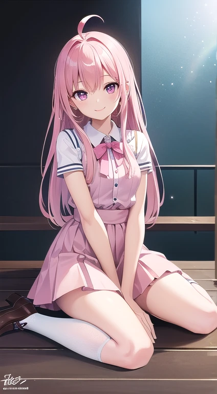 最high quality,very detailed,high quality,Extremely detailed,masterpiece,Super fine,ultra high resolution,超high quality,super delicate face,super realistic,(1 person:1.2)、woman、(Mature:1.5)、pink hair color、(pink eyes)、small breasts 、slender body、Ahoge、(Smile:1.3)、school knee high socks