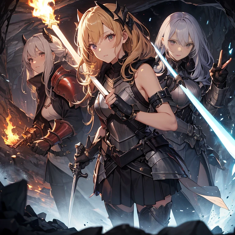 A group of  female knights, (in dark cave), various hair styles, harem, wearing armored clothes, metal armor, night, details face, short skirt, seducing, sword, sleeveless, torch