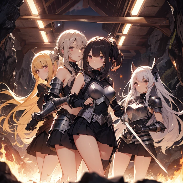 A group of  female knights, (in dark cave), various hair styles, harem, wearing armored clothes, metal armor, night, details face, short skirt, seducing, sword, sleeveless, torch