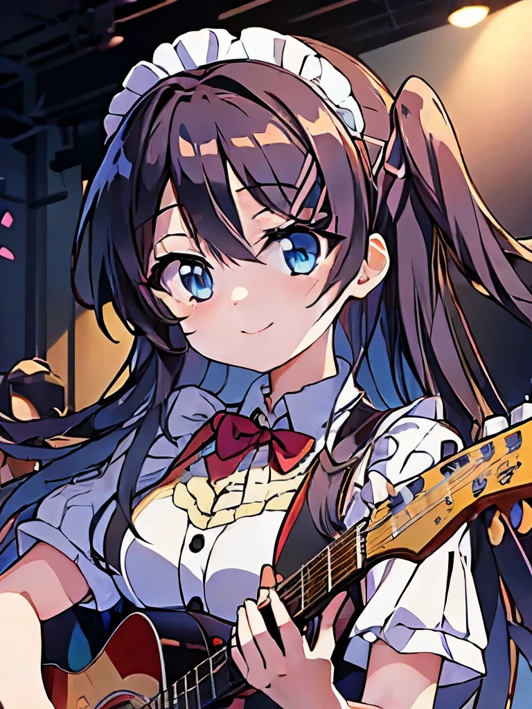 ((masterpiece)), ((best quality)), (ultra-detailed), anime style, Live performance venue, a cute girl, 1girl, solo, playing the guitar00, maid00, ((beautiful eyes))0, smile