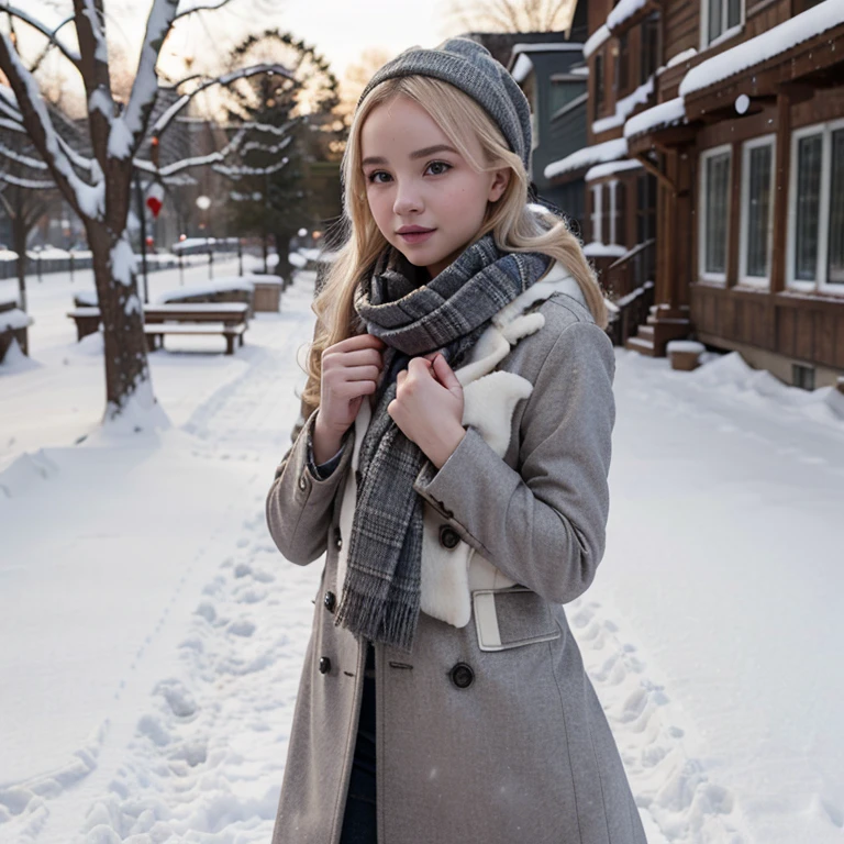 Dove Cameron in the snow wearing a coat and scarf