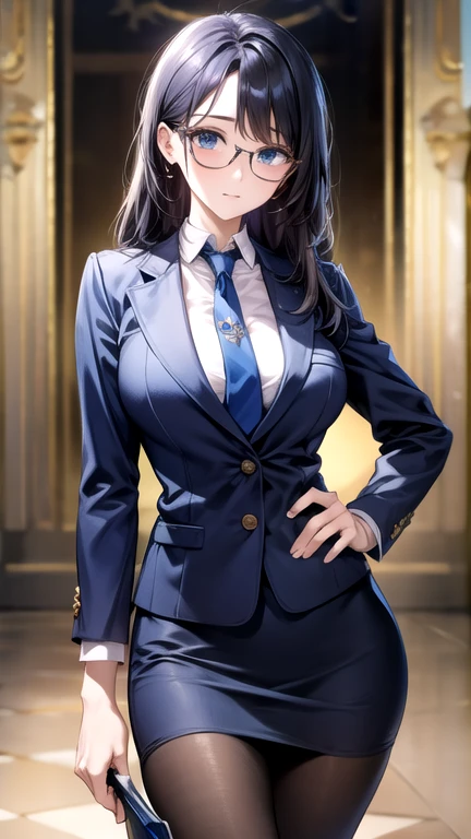 highest quality、unity 8k wallpaper、32k、masterpiece、Super detailed、ultra high resolution、highly detailed face、Raw photo、Professional、Ultra-fine painting、fine metal texture、fine fabric texture、beautiful hair、beautiful face、fine and beautiful eyes、beautiful clavicle、beautiful body、beautiful breasts、beautiful thighs、beautiful feet、beautiful fingers、company employee、Businessman、Glasses、blue blazer、Blue blouse shirt、blue tie、blue pencil skirt、blue pantyhose、blue stiletto pumps、put your hands on your hips、Place the tip of your index finger on your lower lip
