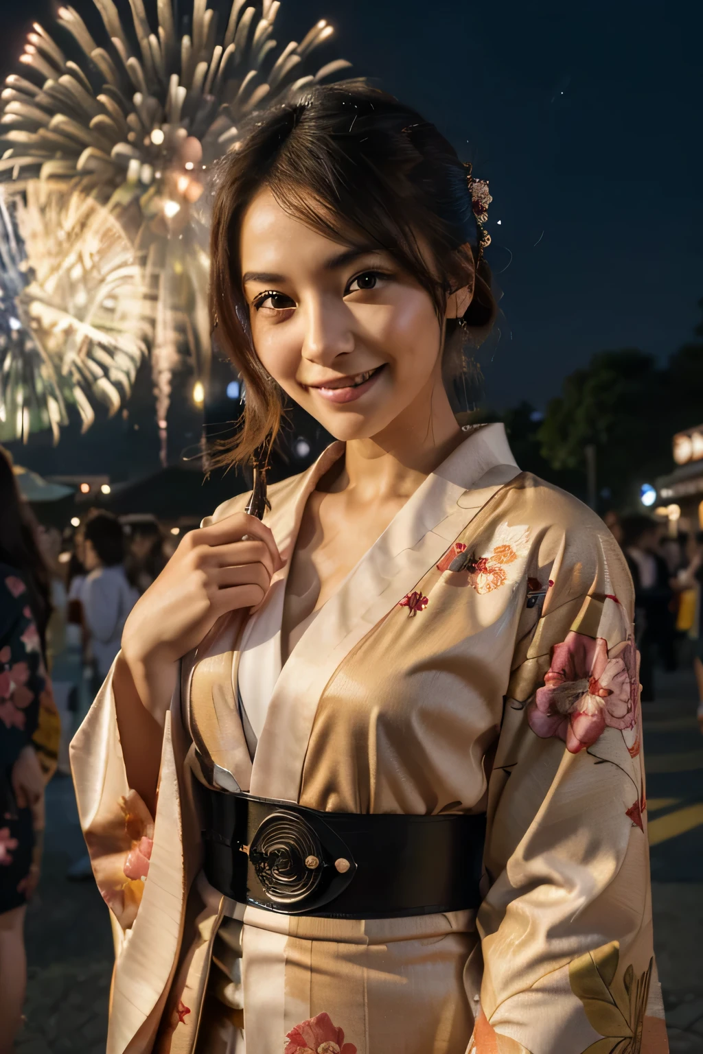 (((highest quality, 8K, masterpiece))), sharp focus, (beautiful woman with perfect figure), thin, (hairstyle: superior)), ((kimono: cane)), street: 1.2 Highly detailed face and skin texture Detailed eyes double eyelid Random posture, (smile),ssuperiorer cute person,ssuperiorer beauty girl, realistic face, double eyelid,smile,Summer festival , at sunset ,fireworks background.