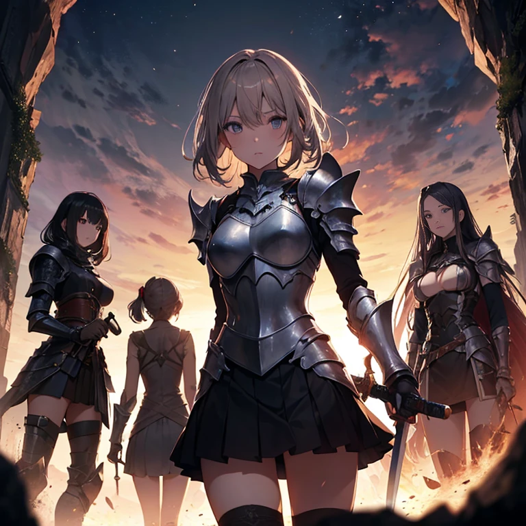 A group of female knights, (in dark cave), various hair styles, harem, wearing armored clothes, metal armor, night, details face, short skirt, seducing, sword, sleeveless, torch