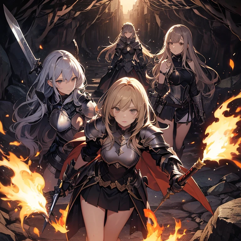 A group of female knights, (in dark cave), various hair styles, harem, wearing armored clothes, metal armor, night, details face, short skirt, seducing, sword, sleeveless, torch