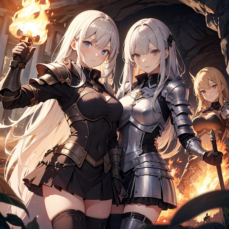A group of female knights, (in dark cave), various hair styles, harem, wearing armored clothes, metal armor, night, details face, short skirt, seducing, sword, torch