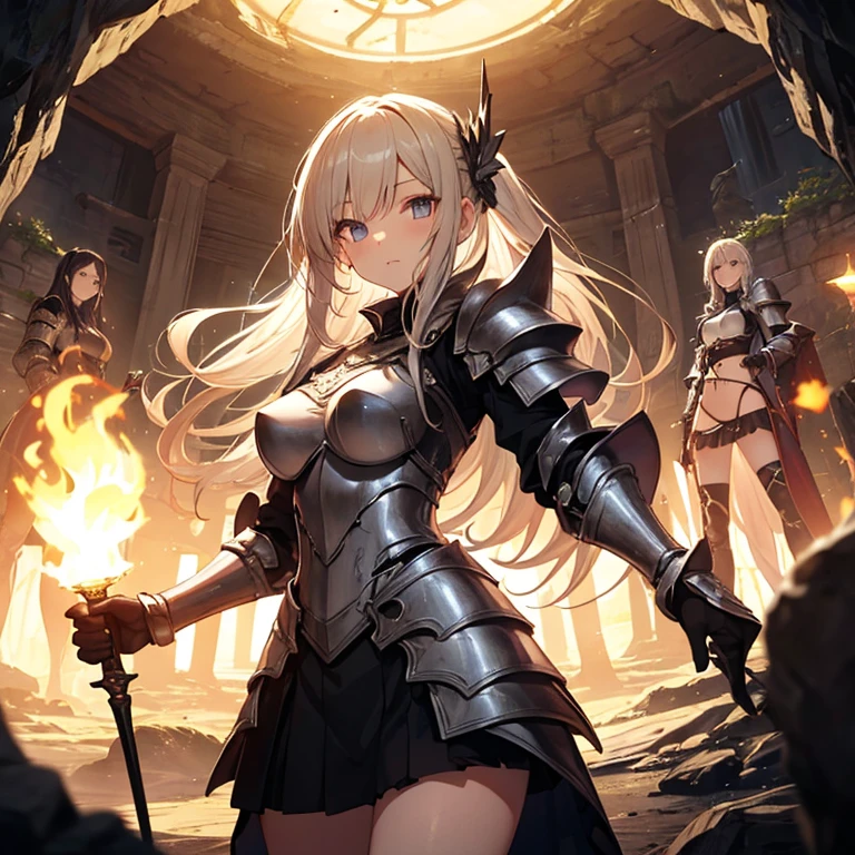 A group of female knights, (in dark cave), various hair styles, harem, wearing armored clothes, metal armor, night, details face, short skirt, seducing, sword, torch