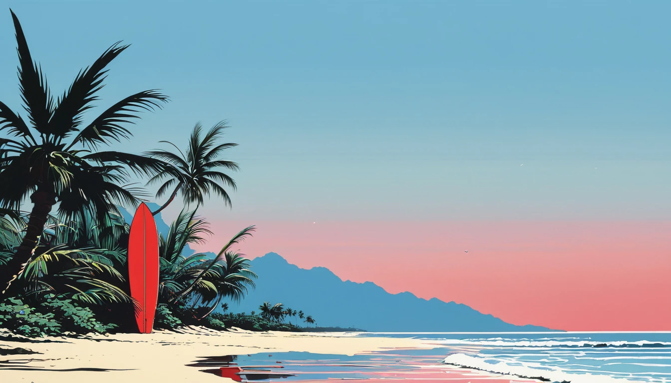 A simple illustration by Hiroshi Nagai　Summer sky and beach　Tranquil scenery　calm sea　One tall palm tree　Red Surfboard