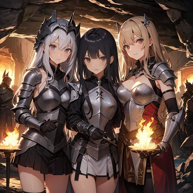 A group of female knights, (in dark cave), various hair styles, harem, wearing armored clothes, metal armor, night, details face, short skirt, seducing, sword, sleeveless, torch as the only light source