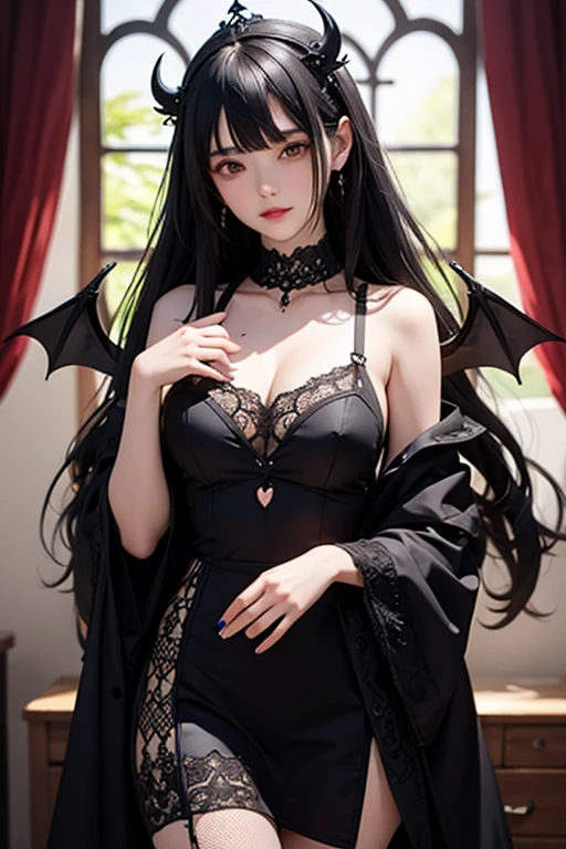 Lolita guerreira,gothic style black clothes,chifres pontiagudos,dragon wings on the back,vista de cima, sensual and sexy inside a ruined castle 