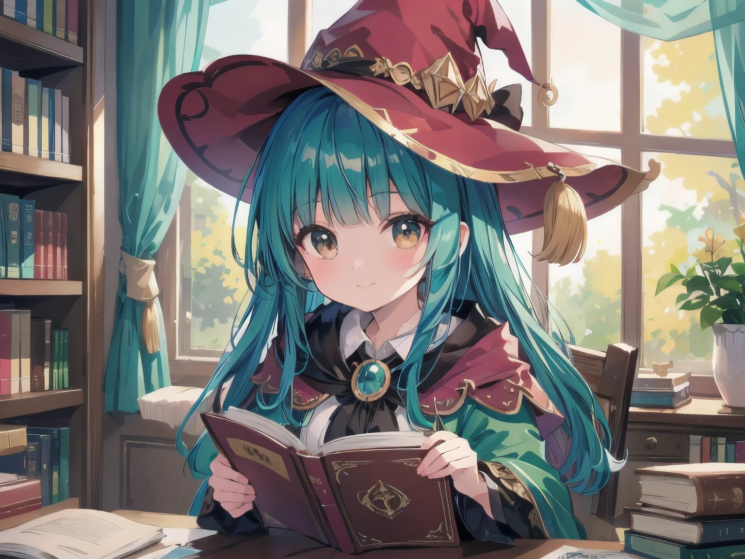 8K, best quality, master piece: 1.2), super high resolution,1 female 18 years old,ultra-detailed face,glossy detailed eyes,brown eyes,Silky hair,two side up,blunt bangs,blue green hair,smile,cute,wizard,witch hat,(Aerial Shot),captivate your audience,professional writing,Sitting and reading a book,cheek rest,Background where the bookshelf looks like a U-shape,library