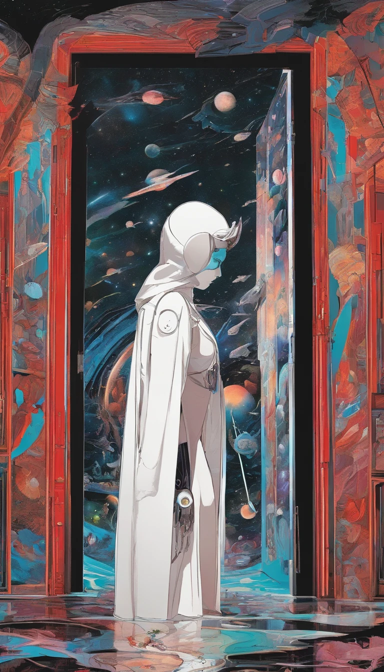 Thematic scenes; a being on the edge of a door suspended between heaven and earth, ((between two realities)). with ((face painted white and eyes black)); with a man's body in white clothing and a white cape with red forage. having on its head horns curved downwards in front of its head))); a person looking down at the scene of the being at the door (((f/1.4; f22))); details in 8k; precision in details; vibrant colors, perspective view, centered, perspective lines. Best quality, fine art, representative work, official and professional art, extremely detailed; exquisitely detailed, body shine, a masterpiece, detailed matte painting, deep colors, fantastic and intricate details, splash screen, complementary colors, fantasy concept art, 8k resolution trend; mixing whimsy with the grandeur of realism art, a touch of another world, incredible colors, expressive and silky contours.