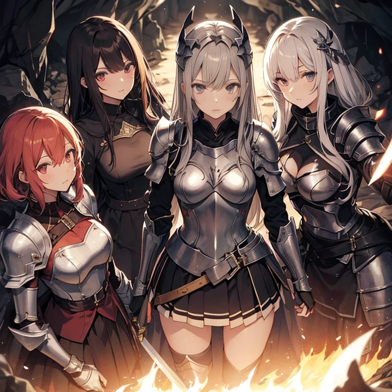 A group of  female knights, (in dark cave), various hair styles, harem, wearing armored clothes, metal armor, night, details face, short skirt, seducing, sword, torch as the only light source 