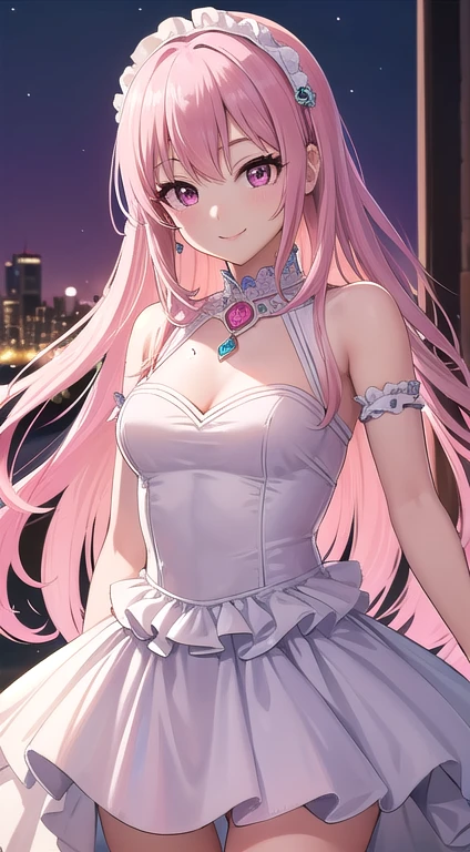 最high quality,very detailed,high quality,Extremely detailed,masterpiece,Super fine,ultra high resolution,超high quality,super delicate face,super realistic,(1 person:1.2)、woman、(Mature:1.5)、pink hair color、(pink eyes)、small breasts 、slender body、Ahoge、(smile:1.3)、idol costume、Idolmaster Cinderella Girls、look up