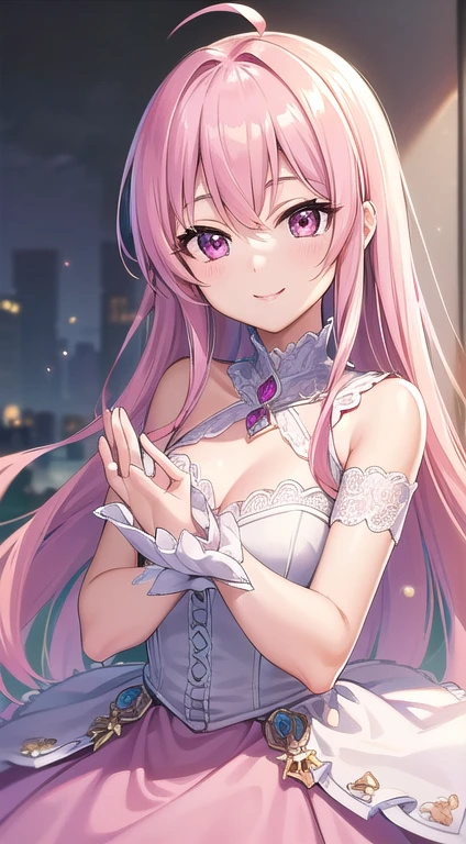 最high quality,very detailed,high quality,Extremely detailed,masterpiece,Super fine,ultra high resolution,超high quality,super delicate face,super realistic,(1 person:1.2)、woman、(Mature:1.5)、pink hair color、(pink eyes)、small breasts 、slender body、Ahoge、(smile:1.3)、idol costume、Idolmaster Cinderella Girls、look up