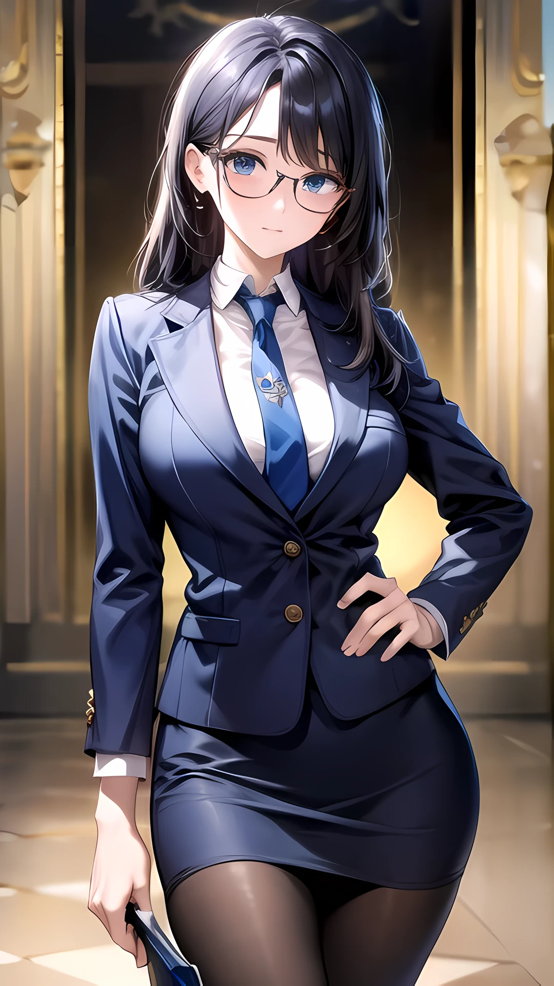 highest quality、unity 8k wallpaper、32k、masterpiece、Super detailed、ultra high resolution、highly detailed face、Raw photo、Professional、Ultra-fine painting、fine metal texture、fine fabric texture、beautiful hair、beautiful face、fine and beautiful eyes、beautiful clavicle、beautiful body、beautiful breasts、beautiful thighs、beautiful feet、beautiful fingers、company employee、Businessman、Glasses、blue blazer、Blue blouse shirt、blue tie、blue pencil skirt、blue pantyhose、blue stiletto pumps、put your hands on your hips、Place the tip of your index finger on your lower lip
