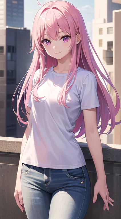 最high quality,very detailed,high quality,Extremely detailed,masterpiece,Super fine,ultra high resolution,超high quality,super delicate face,super realistic,(1 person:1.2)、woman、(Mature:1.5)、pink hair color、(pink eyes)、small breasts 、slender body、Ahoge、(smile:1.3)、T-shirt、jeans