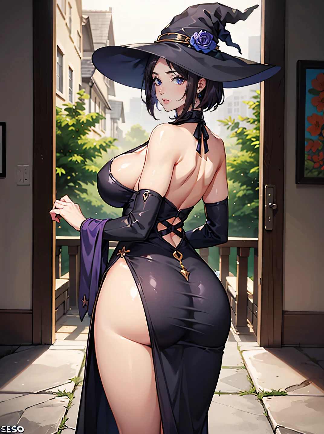 older woman in her 30s with short purple hair and tall curvy busty body seen from behind, de costas, seios grandes, bunda, (obra de arte, Melhor qualidade:1.2) wearing legendary big black dress of mystical sorceress, big witch hat