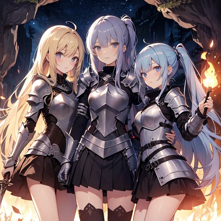 A group of female knights, (in dark cave), various hair styles, harem, wearing armored clothes, metal armor, night, details face, short skirt, seducing, sword, torch as the only light source, ponytail hairstyles