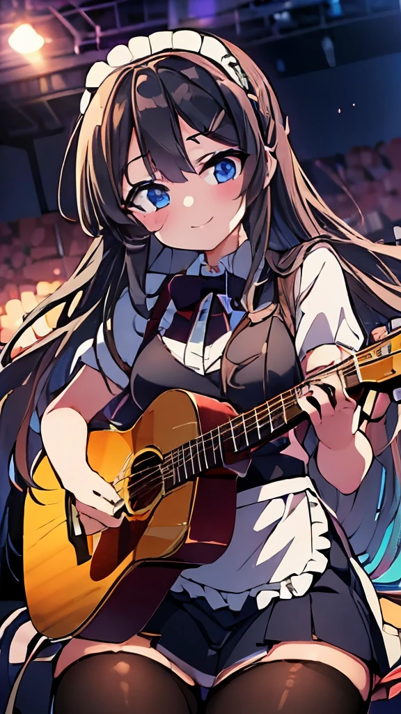 ((masterpiece)), ((best quality)), (ultra-detailed), anime style, Live performance venue, a cute girl, 1girl, solo, playing the guitar00, maid00, ((beautiful eyes))0, smile