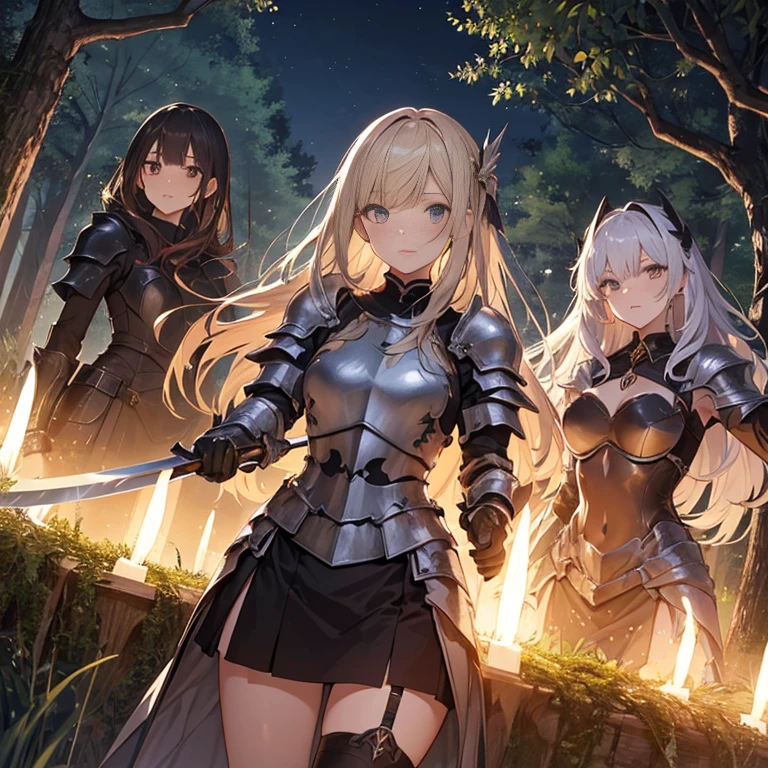 A group of  female knights, (in forest), various hair styles, harem, wearing armored clothes, metal armor, night, details face, short skirt, seducing, sword,