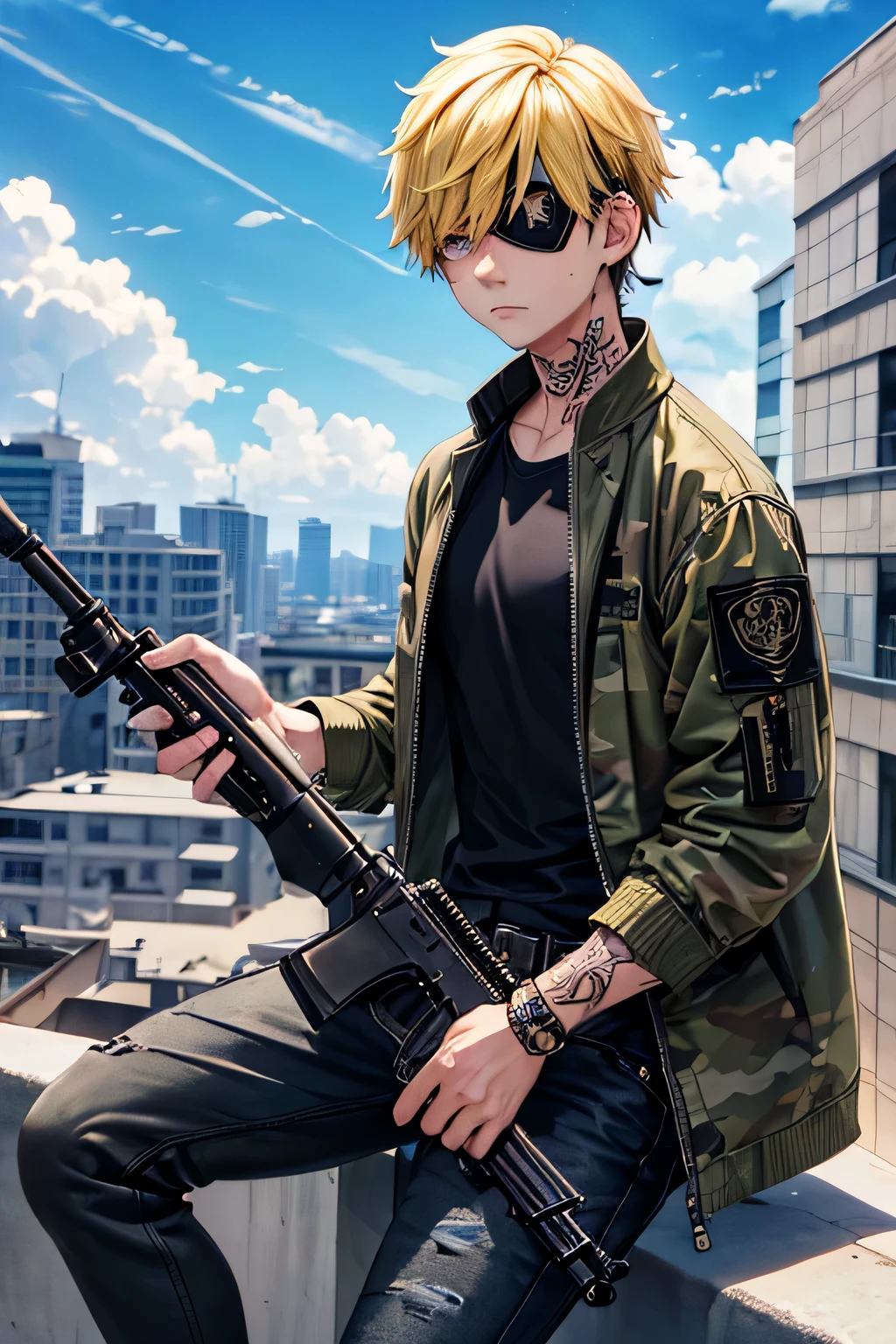 blonde、tattoo、Male character wearing a camouflage jacket, black shirt and light jeans, short cut hair, ((With a rifle in his hand))、tattoo、sitting on the roof of a building smoking a cigarette、eyepatch on one eye、staring at me、Natural light