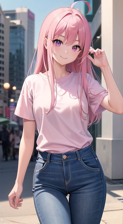 最high quality,very detailed,high quality,Extremely detailed,masterpiece,Super fine,ultra high resolution,超high quality,super delicate face,super realistic,(1 person:1.2)、woman、(Mature:1.5)、pink hair color、(pink eyes)、small breasts 、slender body、Ahoge、(smile:1.3)、T-shirt、jeans