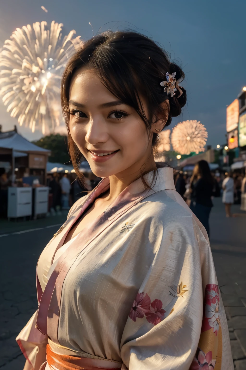 (((highest quality, 8K, masterpiece))), sharp focus, (beautiful woman with perfect figure), thin, (hairstyle: superior)), ((kimono: cane)), street: 1.2 非常に詳細な顔と肌の質感詳細な目double eyelidランダムな姿勢, (smile),super cute person,super beauty girl, realistic face, double eyelid,smile,Summer festival , at sunset ,fireworks background.